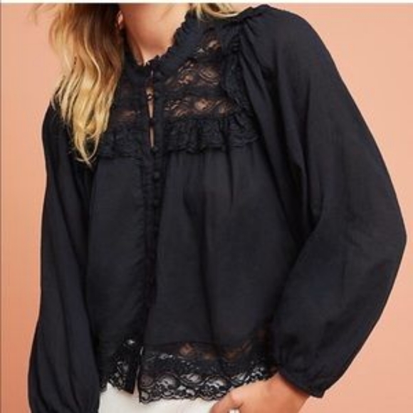 Anthropologie Tops - AKEMI + KIN Callie Lace Blouse Black Top Long Sleeve Cotton Size 8 Anthropologie